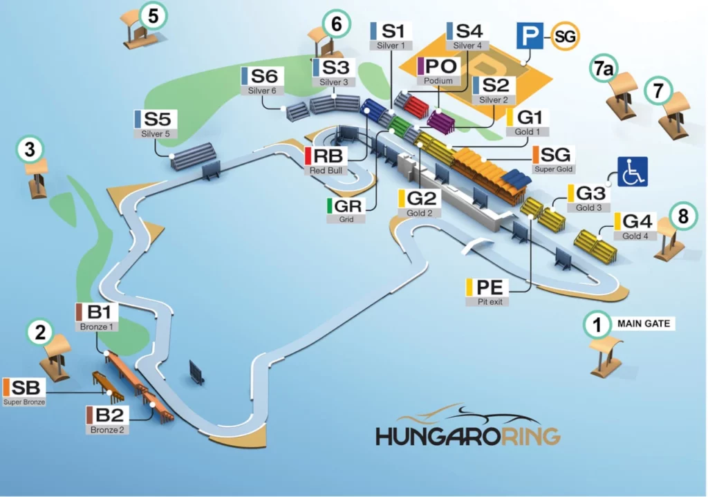 Die Streckenkarte mit den Tribünen für den Großen Preis von Ungarn 2024