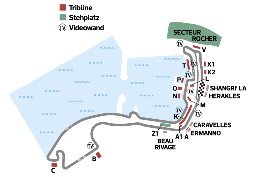 Der Streckenplan mit Tibünen für den Großen Preis von Monaco